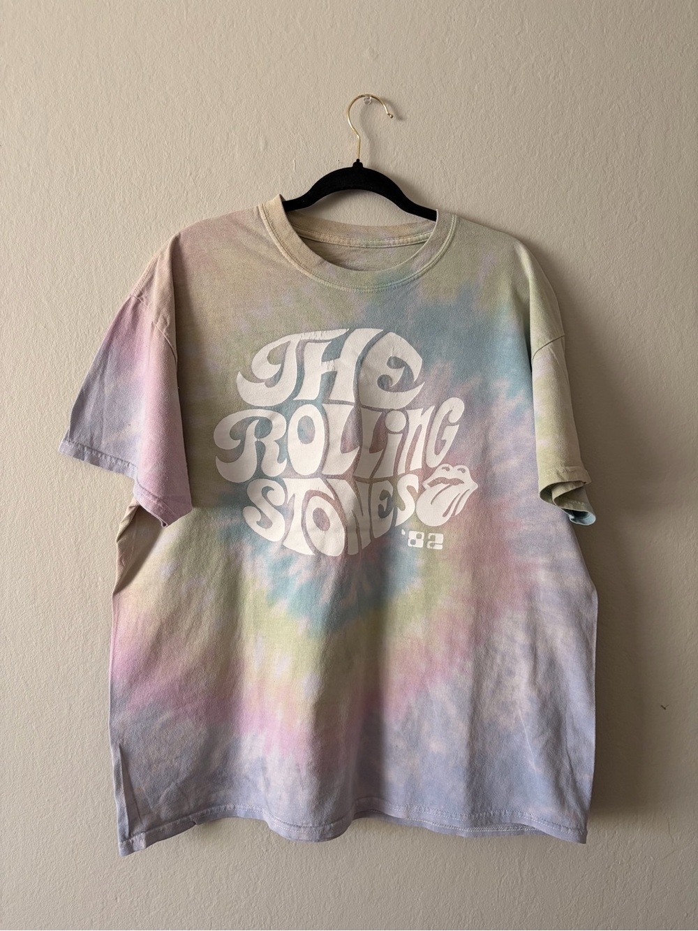 the Rolling Stones Pastel Tie-Dye Logo Tee - Pink Blue Green Cream